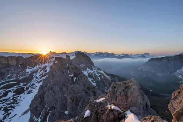 Gran Cir, Gardena Pass, Dolomites, Bolzano district, South Tyrol, Italy, Europe. View at sunrise from the summit of Gran Cir