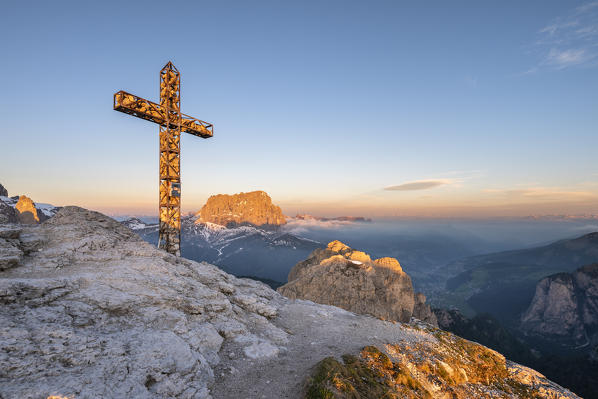 Gran Cir, Gardena Pass, Dolomites, Bolzano district, South Tyrol, Italy, Europe. Sunrise at the summit of Gran Cir
