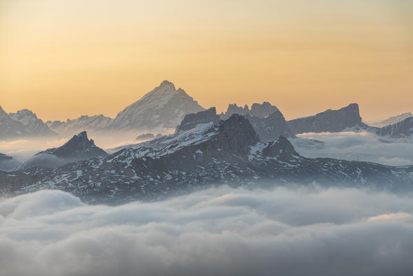 Gran Cir, Gardena Pass, Dolomites, Bolzano district, South Tyrol, Italy, Europe. View at sunrise from the summit of Gran Cir to the Mount Antelao