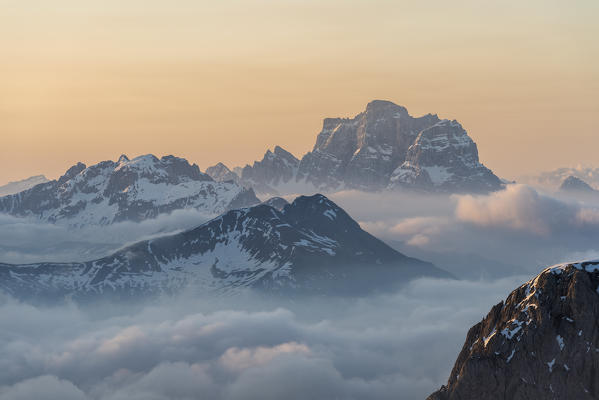 Gran Cir, Gardena Pass, Dolomites, Bolzano district, South Tyrol, Italy, Europe. View at sunrise from the summit of Gran Cir to the Mount Pelmo