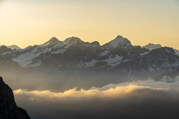 Gran Cir, Gardena Pass, Dolomites, Bolzano district, South Tyrol, Italy, Europe. View at sunrise from the summit of Gran Cir to the three peaks of the Tofane