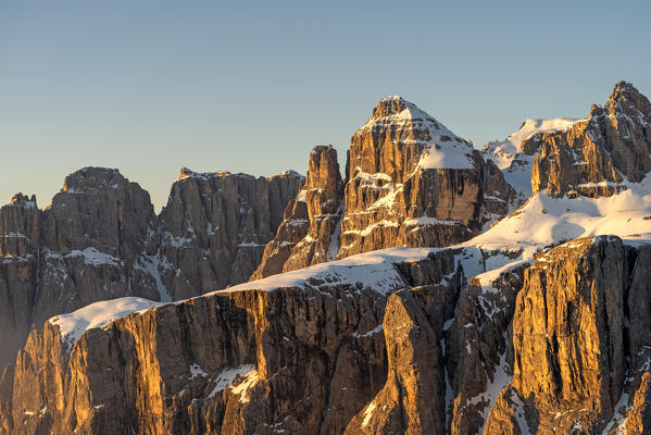 Gran Cir, Gardena Pass, Dolomites, Bolzano district, South Tyrol, Italy, Europe. Alpenglow in the rocks of Sella mountains