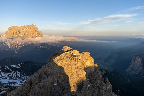 Gran Cir, Gardena Pass, Dolomites, Bolzano district, South Tyrol, Italy, Europe. View at sunrise from the summit of Gran Cir to the mountains Sassolungo and Sciliar