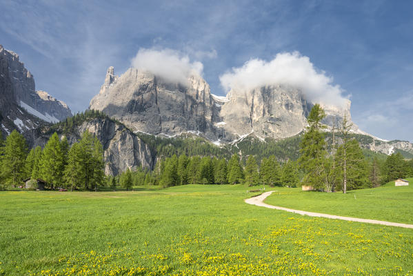 Colfosco, Dolomites, Bolzano district, South Tyrol, Italy, Europe. Mountains of the Sella, seen from the meadows in the environment of colfosco