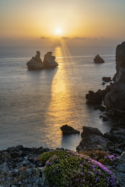 Torre dell'Orso, Melendugno, province of Lecce, Salento, Apulia, Italy, Europe. The Due Sorelle (Two Sisters) at sunrise