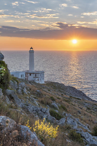 Otranto, province of Lecce, Salento, Apulia, Italy. Sunrise at the lighthouse Faro della Palascìa. This lighthouse marks the most easterly point of the Italian mainland.