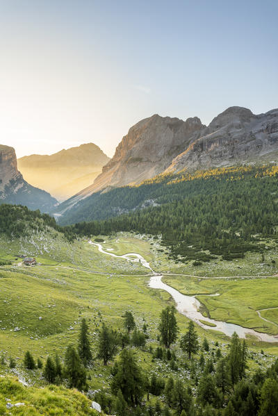 San Vigilio di Marebbe, Fanes, Dolomites, South Tyrol, Italy, Europe. Sunrise on the Fanesalm