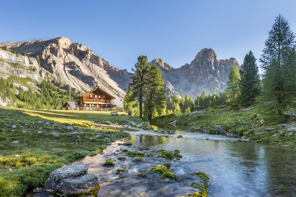 San Vigilio di Marebbe, Fanes, Dolomites, South Tyrol, Italy, Europe. Alpine hut in the natural park Fanes-Sennes-Braies