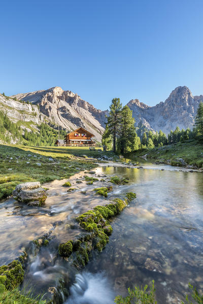 San Vigilio di Marebbe, Fanes, Dolomites, South Tyrol, Italy, Europe. Alpine hut in the natural park Fanes-Sennes-Braies