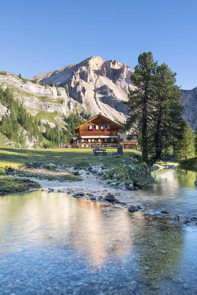 San Vigilio di Marebbe, Fanes, Dolomites, South Tyrol, Italy, Europe. Alpine hut in the natural park Fanes-Sennes-Braies