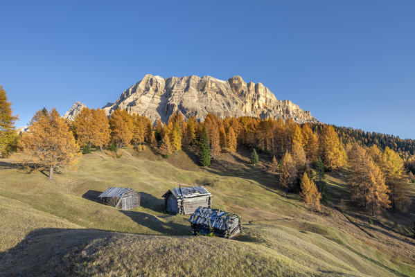 Alta Badia, Bolzano province, South Tyrol, Italy, Europe. Autumn on the Armentara meadows, above the mountains of the Neuner, Zehner and Heiligkreuzkofel