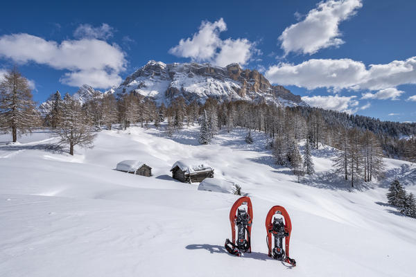 Alta Badia, Bolzano province, South Tyrol, Italy, Europe. Winter on the Armentara meadows, above the mountains of the Zehner and Heiligkreuzkofel