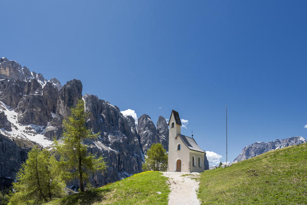 Passo Gardena, Dolomites, South Tyrol, Italy. Chapel on the Passo Gardena. 