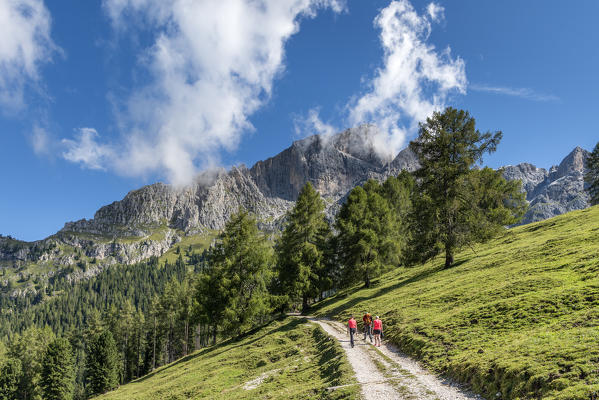 Tiers / Tires, Tires Valley, province of Bolzano, Dolomites, South Tyrol, Italy. Hikers on the hiking trail to the Haniger mountain hut. (MR)