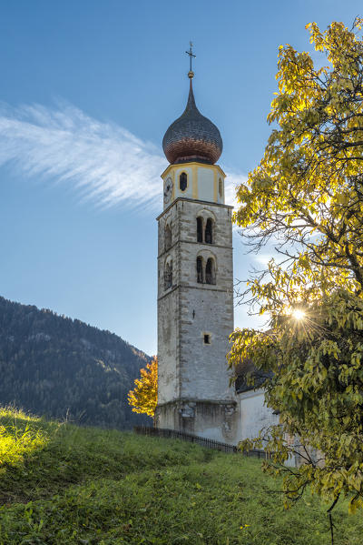 Kastelruth / Castelrotto, province of Bolzano, Dolomites, South Tyrol, Italy. The church of St. Valentin at sunrise