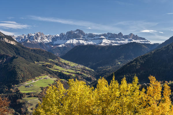 Steinegg / Collepietra, Karneid / Cornedo, province of Bolzano, South Tyrol. Italy. The Tires valley with the Catinaccio mountains