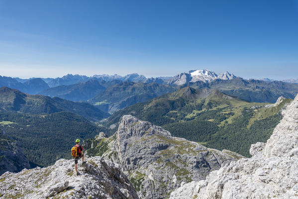 Falzarego Pass, Dolomites, province of Belluno, Veneto, Italy. Mountaineers on the via ferrata 