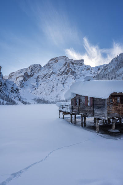 Braies / Prags, Dolomites, South Tyrol, Italy. Winter wonderland on Lake Braies