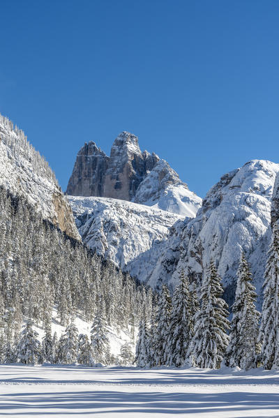 Landro, Landro Valley, South Tyrol, Dolemites, Italy. 
View from the Landro valley to the Tre Cime di Lavaredo