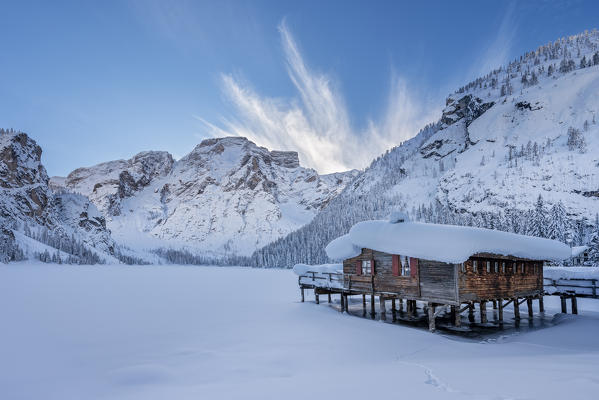 Braies / Prags, Dolomites, South Tyrol, Italy. Winter wonderland on Lake Braies