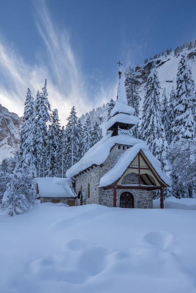 Braies/Prags, Dolomites, South Tyrol, Italy. The chapel at Lake Braies