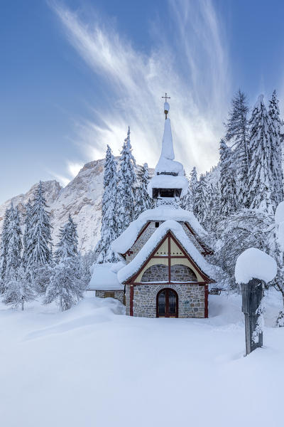 Braies/Prags, Dolomites, South Tyrol, Italy. The chapel at Lake Braies