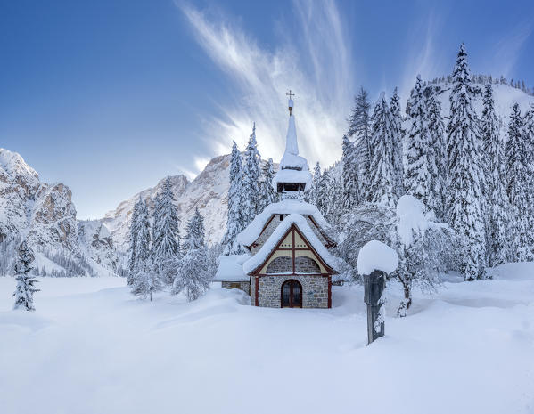 Braies/Prags, Dolomites, South Tyrol, Italy. The chapel at Lake Braies