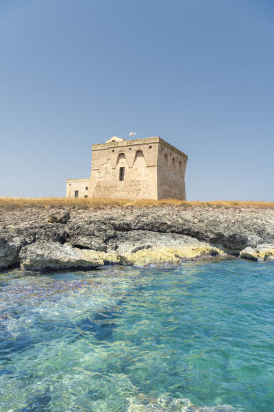 Carovigno, Brindisi province, Apulia, Italy. The Guaceto tower in the Nature reserve of Torre Guaceto is located on the Adriatic coast