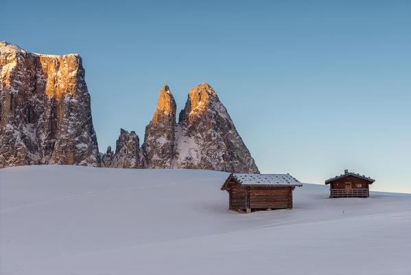 Alpe di Siusi/Seiser Alm, Dolomites, South Tyrol, Italy. The first sun rays on the peaks of Sciliar/Schlern
