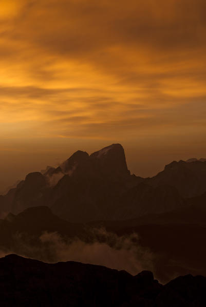 Cima Scalieret,Dolomites, Trentino, Italy. View over the Fassa Valley to the peak of Marmolada