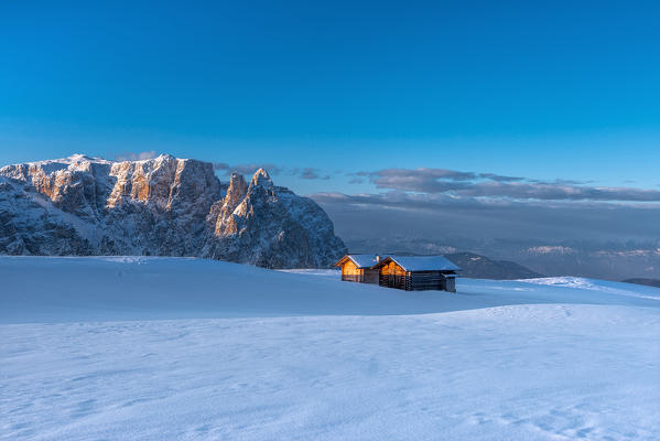 Alpe di Siusi, Dolomites, South Tyrol, Italy. Sunrise on the plateau of Bullaccia/Puflatsch. In the background the peaks of Sciliar/Schlern