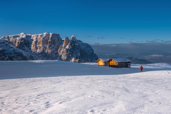 Alpe di Siusi/Seiser Alm, Dolomites, South Tyrol, Italy. Ski mountaineer on plateau Bullaccia/Puflatsch. In the background the peaks of Sciliar/Schlern