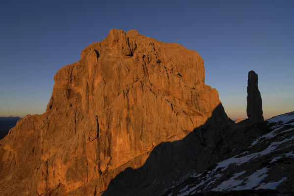 Schiara, Dolomites, Veneto, Italy. Sunset on Mount Schiara and Gusela del Vescova