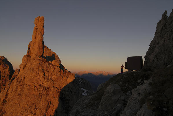 Schiara, Dolomites, Veneto, Italy. Sunrise on Gusela del Vescova and Bernardina bivouac