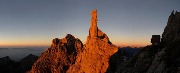 Schiara, Dolomites, Veneto, Italy. Sunrise on Gusela del Vescova and Bernardina bivouac