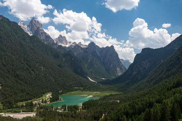 Dobbiaco/Toblach, Dolomites, South Tyrol, Italy. The Dobbiaco Lake with the Peaks of Croda dei Baranci and Croda Bagnata.