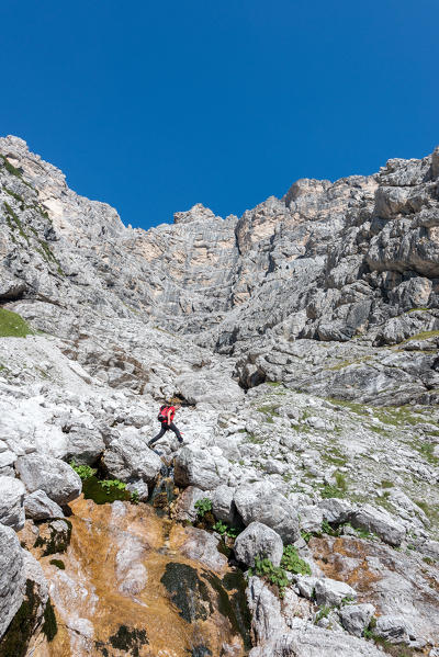 Cimonega, Dolomites, Veneto, Italy. Mountaineer on the Troi dei Caserin under the wall of the Sass de Mur