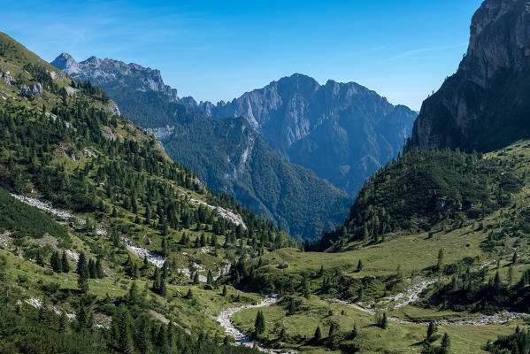 Cimonega, Dolomites, Veneto, Italy. The Casera Cimonega with Mount Tre Pietre
