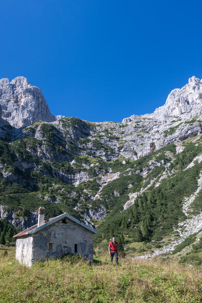 Cimonega, Dolomites, Veneto, Italy. The mountain hut Casera Cimonega
