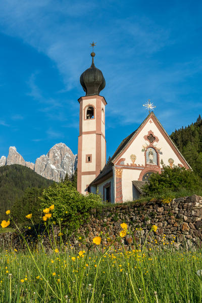 Funes Valley, Dolomites, South Tyrol, Italy. The church San Giovanni in Ranui