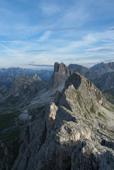 Dolomites, Veneto, Italy. The peaks of Averau, Nuvolau with the Refuge, Lagazuoi and Fanis in the early morning