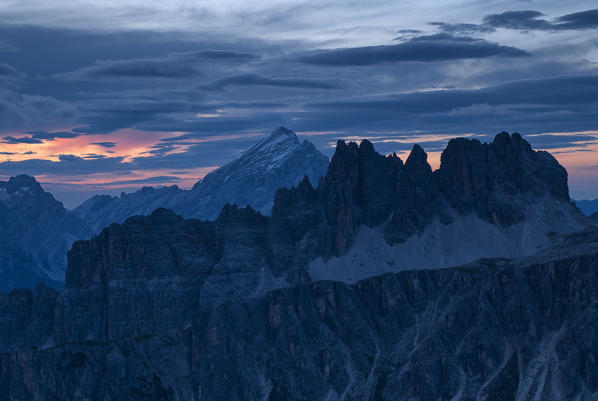 Nuvolau, Dolomites, Veneto, Italy. Croda da Lago and Antelao just before sunrise.