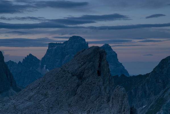 Nuvolau, Dolomites, Veneto, Italy. Diffused light in the morning on Monte Pelmo and Ra Gusela