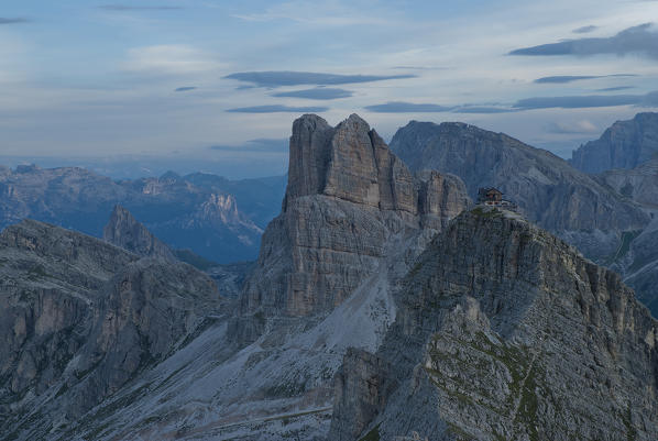 Ra Gusela, Dolomites, Veneto, Italy. The peaks of Averau and Nuvolau with the refuge in the early morning