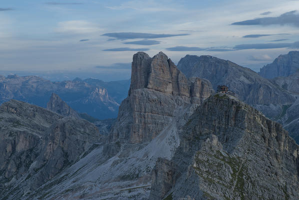 Ra Gusela, Dolomites, Veneto, Italy. The peaks of Averau and Nuvolau with the refuge in the early morning