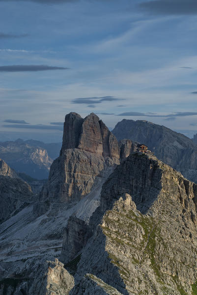 Ra Gusela, Dolomites, Veneto, Italy. The peaks of Averau and Nuvolau with the Refuge in the early morning