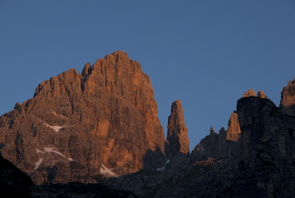 Brenta, Trentino, Italy. Sunrise on Cima Brenta Alta and Campanile Basso