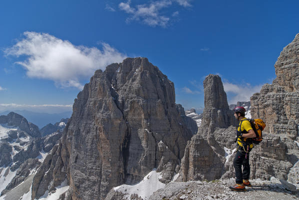 Brenta, Trentino, Italy. Climber on the via ferrata 