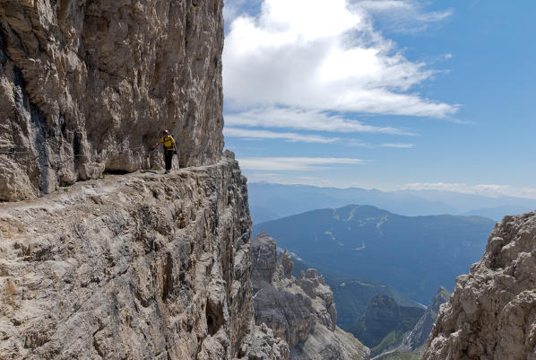 Brenta, Trentino, Italy. Climber on the via ferrata 