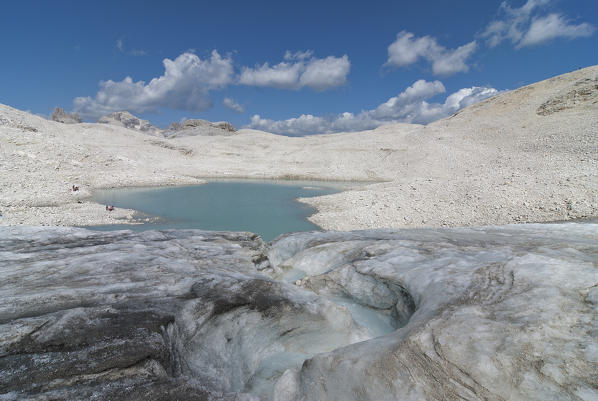Pala, Dolomites, Trentino, Italy. The glacier and the lake of Fradusta